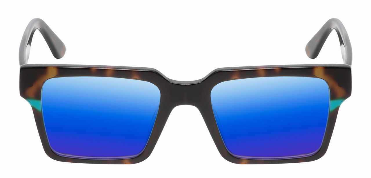 Front View of Reptile Leatherback Designer Polarized Sunglasses with Custom Cut Blue Mirror Lenses in Brown Tortoise Havana Blue Crystal Unisex Rectangular Full Rim Acetate 52 mm