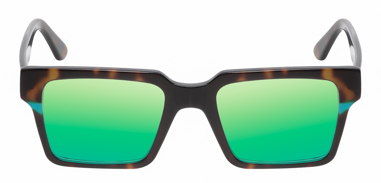 Front View of Reptile Leatherback Unisex Polarized Sunglass Tortoise Havana Blue Crystal 52 mm with Custom Cut Green Mirror Lenses