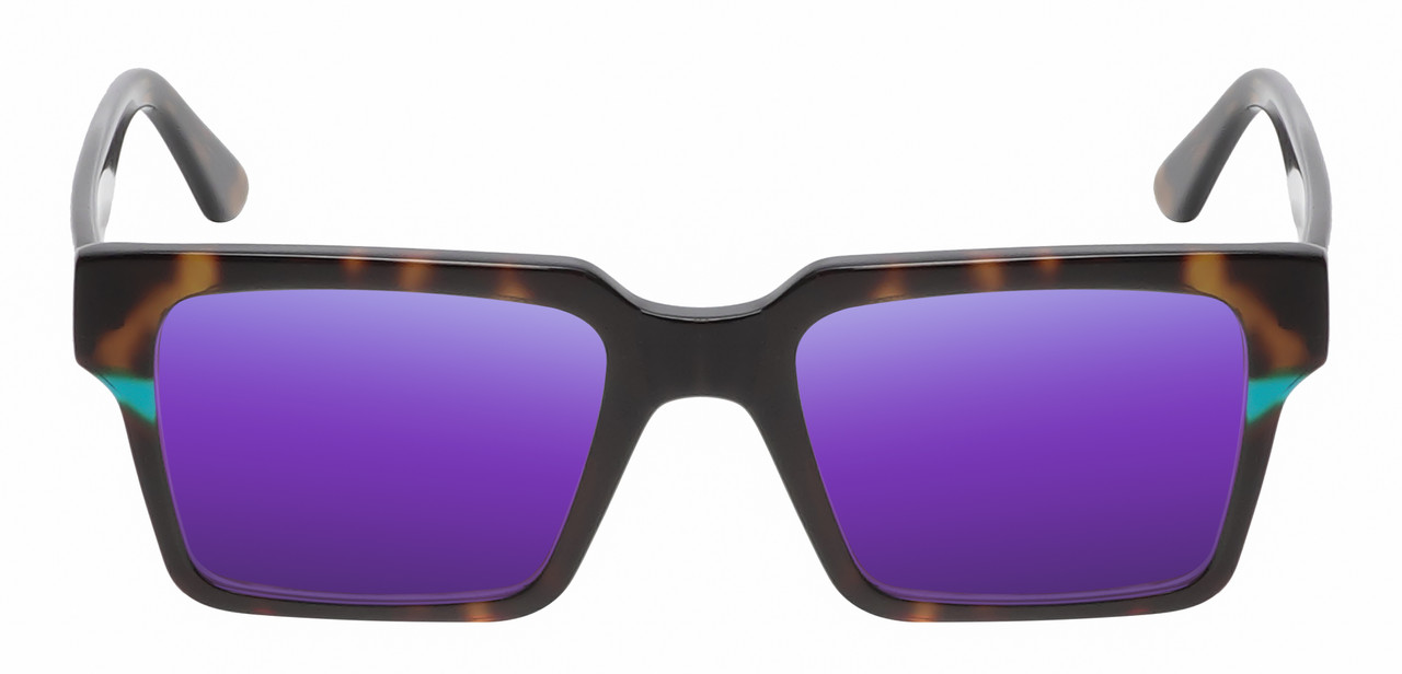 Front View of Reptile Leatherback Unisex Polarized Sunglass Tortoise Havana Blue Crystal 52 mm with Custom Cut Silver Mirror Lenses