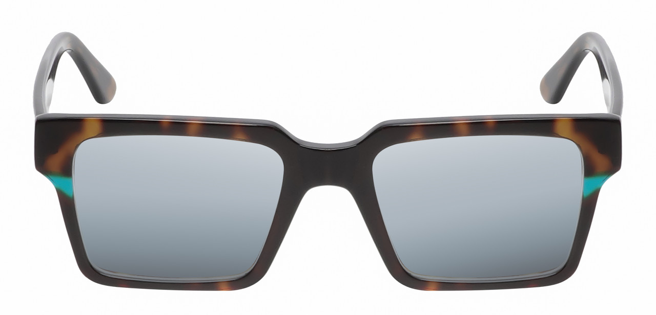 Front View of Reptile Leatherback Unisex Polarized Sunglass Tortoise Havana Blue Crystal 52 mm with Custom Cut Purple Mirror Lenses