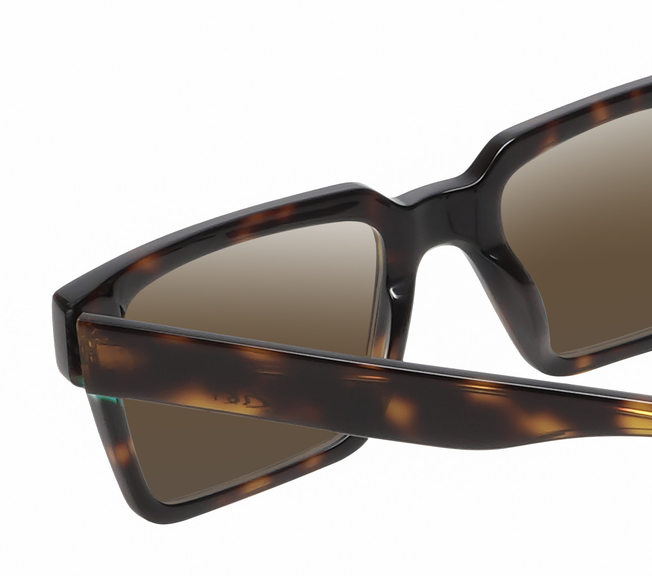 Close Up View of Reptile Leatherback Designer Polarized Sunglasses with Custom Cut Amber Brown Lenses in Brown Tortoise Havana Blue Crystal Unisex Rectangular Full Rim Acetate 52 mm