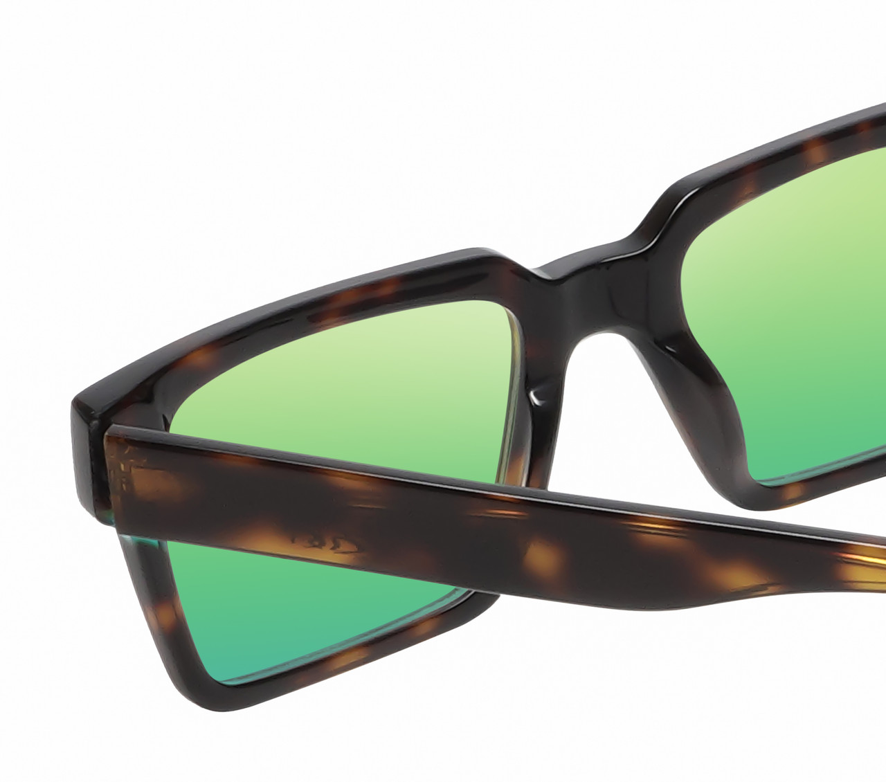 Close Up View of Reptile Leatherback Unisex Polarized Sunglass Tortoise Havana Blue Crystal 52 mm with Custom Cut Green Mirror Lenses