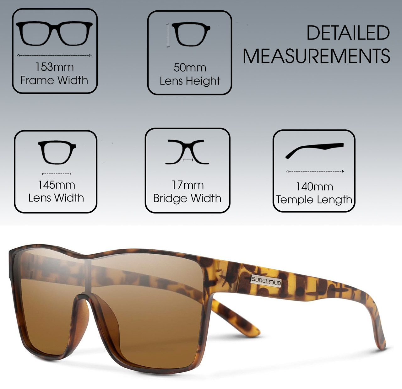 Dimensions and Measurements illustration of Suncloud Biff Polarized Square Semi-Rimless XL Sunglasses Unisex Acetate 153 mm in Tortoise Havana & Brown