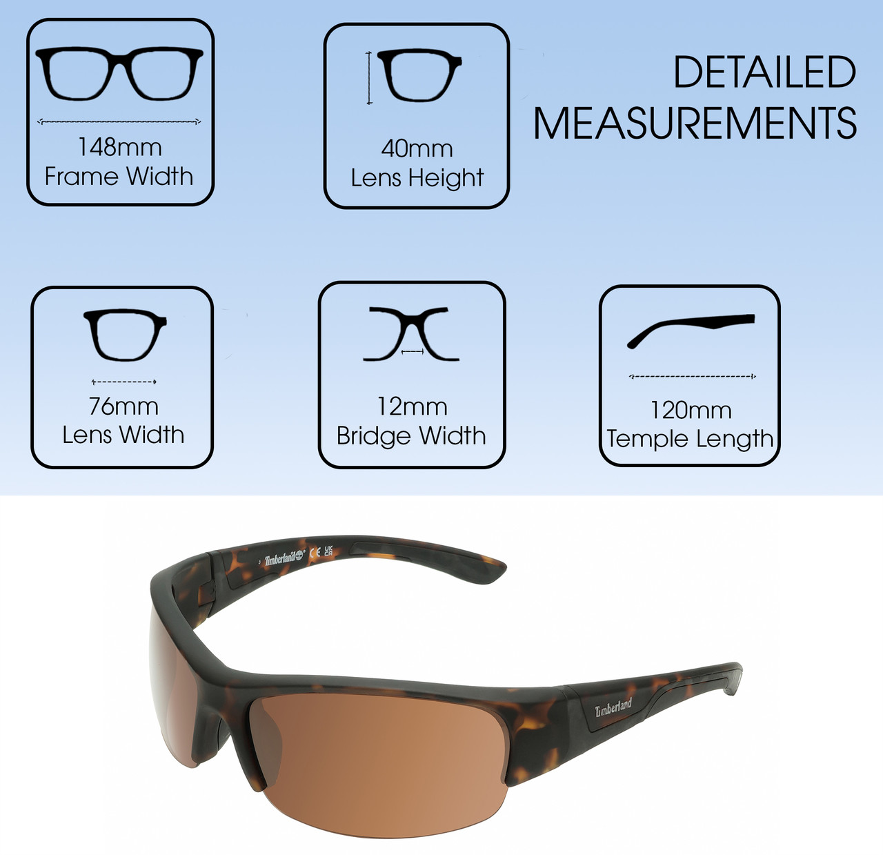 Dimensions and Measurements Illustration of Timberland TB7232 Unisex Oval Semi-Rimless Designer Sunglasses in Dark Havana Tortoise/Brown Polarized 76mm