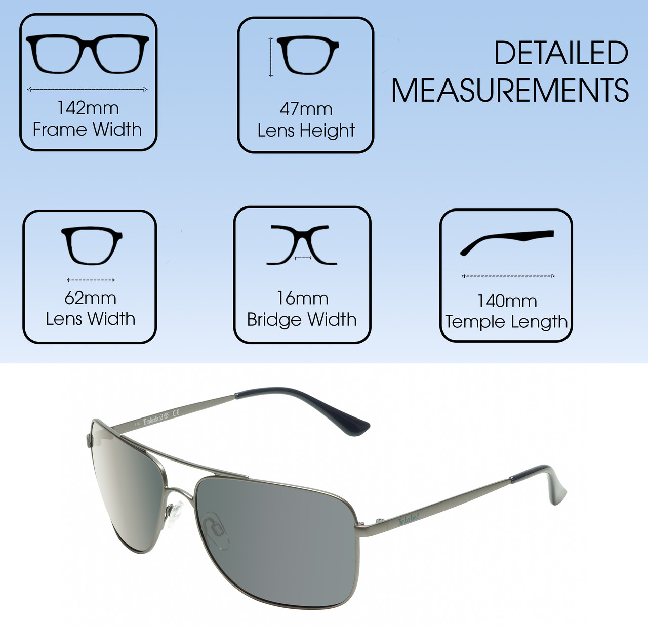 Dimensions and Measurements Illustration of Timberland TB7202 Unisex Pilot Full Rim Designer Sunglasses in Matte Gunmetal Silver/Blue Polarized 62mm