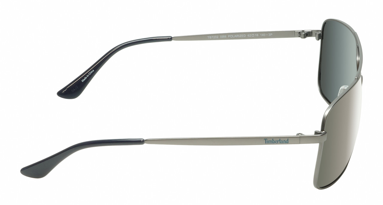 Side View of Timberland TB7202 Unisex Pilot Full Rim Designer Sunglasses in Matte Gunmetal Silver/Blue Polarized 62mm