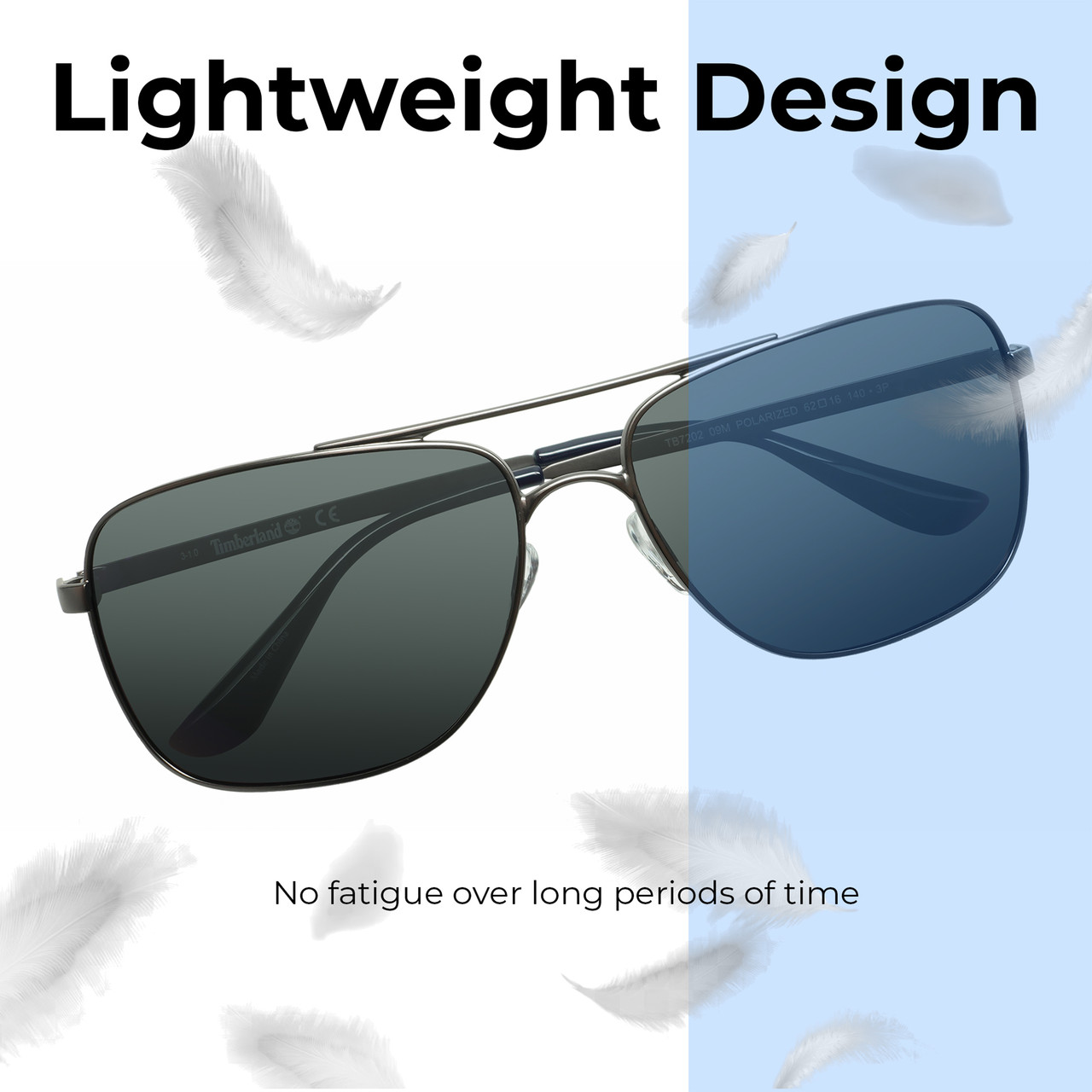 Lightweight Construction Illustration of Timberland TB7202 Unisex Pilot Full Rim Designer Sunglasses in Matte Gunmetal Silver/Blue Polarized 62mm