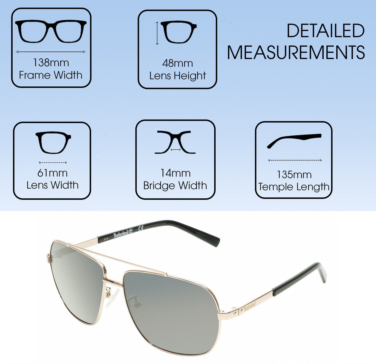 Dimensions and Measurements Illustration of Timberland TB7161 Unisex Pilot Semi-Rimless Designer Sunglasses in Gold/Smoke Grey Polarized 61mm