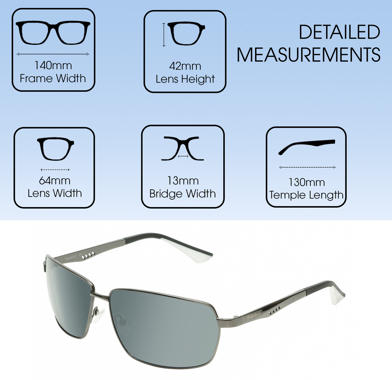 Dimensions and Measurements Illustration of Timberland TB7225 Unisex Rectangular Full Rim Designer Sunglasses in Shiny Gunmetal Black/Smoke Grey Polarized 64mm
