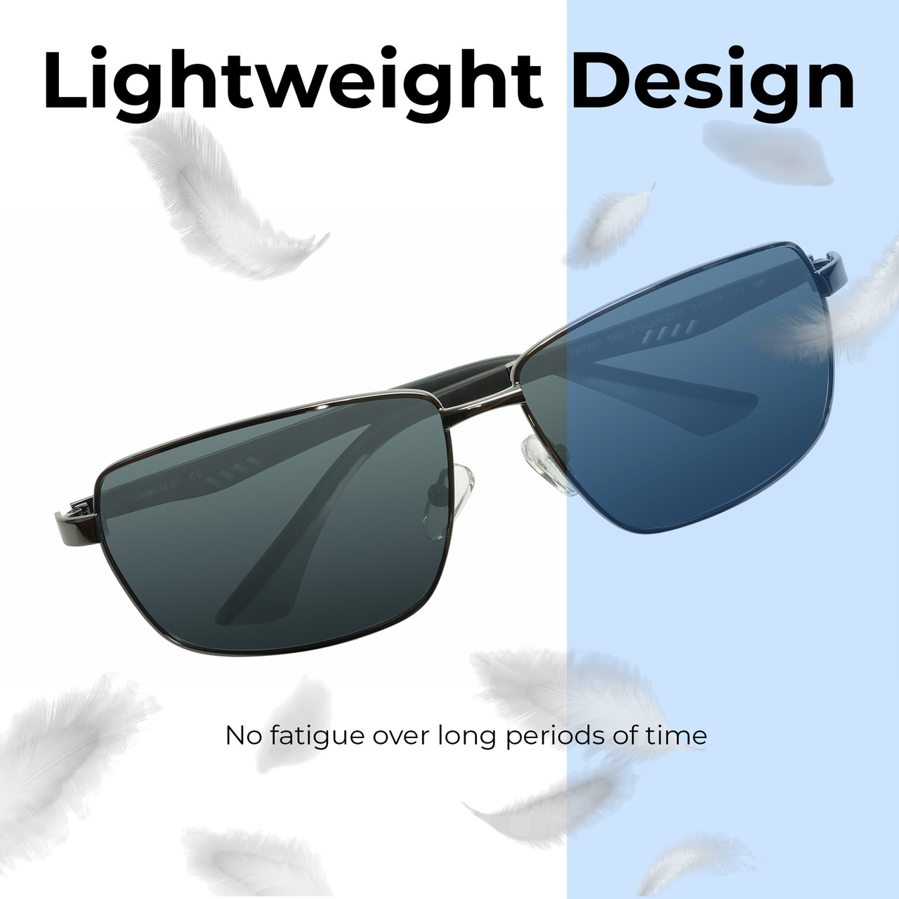 Lightweight Construction Illustration of Timberland TB7225 Unisex Rectangular Full Rim Designer Sunglasses in Shiny Gunmetal Black/Smoke Grey Polarized 64mm