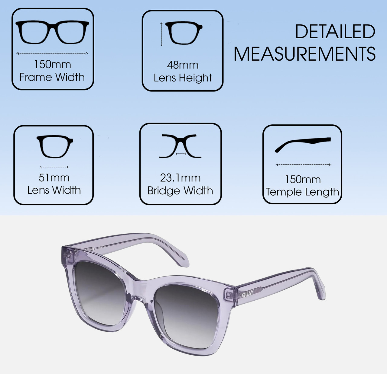 Dimensions and Measurements Illustration of QUAY After Hours Women's Cat Eye Polarized BI-FOCAL Sunglasses in Sweet Pea Lilac 51mm