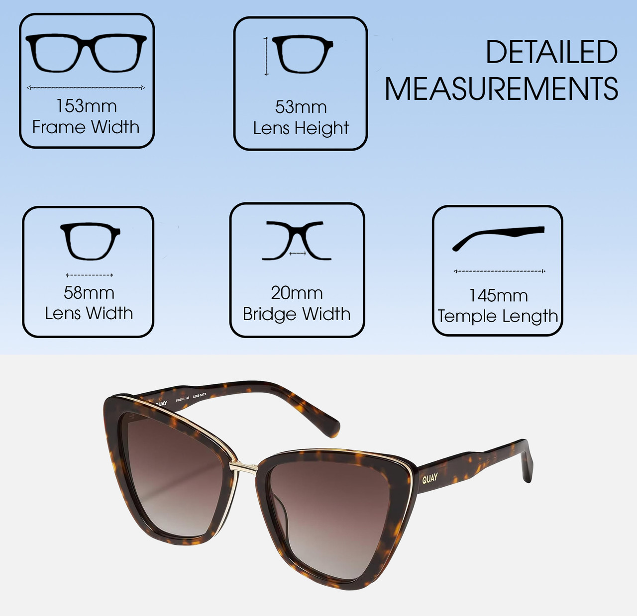 Dimensions and Measurements Illustration of QUAY All Talk Women's Cat Eye Polarized Sunglasses Brown Tortoise 58mm 10 OPTIONS