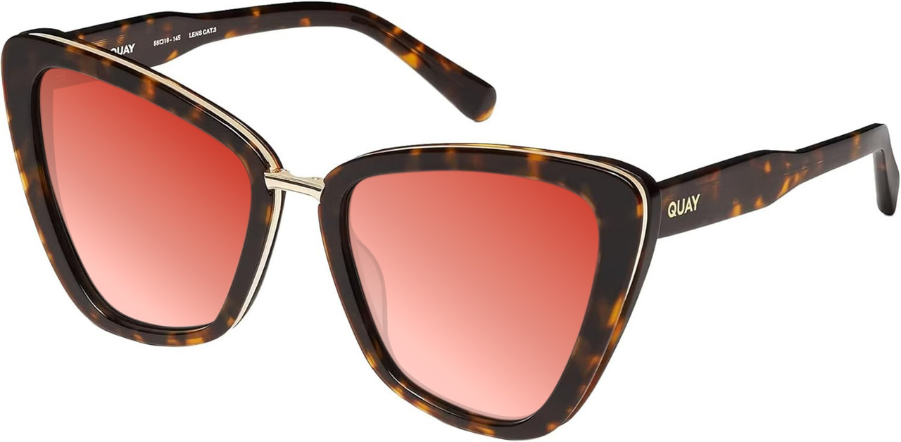 Profile View of QUAY Australia All Talk Designer Polarized Sunglasses with Custom Cut Red Mirror Lenses in Brown Tortoise Ladies Cat Eye Full Rim Acetate 58 mm