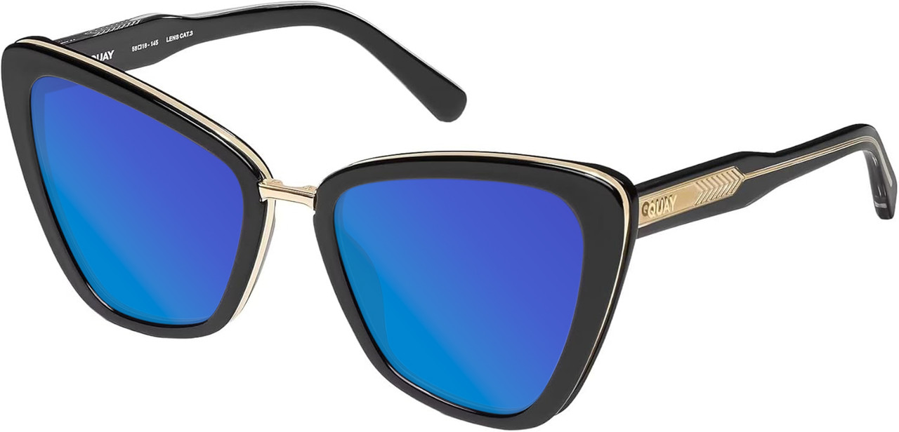 Profile View of QUAY Australia All Talk Designer Polarized Sunglasses with Custom Cut Blue Mirror Lenses in Gloss Black Ladies Cat Eye Full Rim Acetate 58 mm