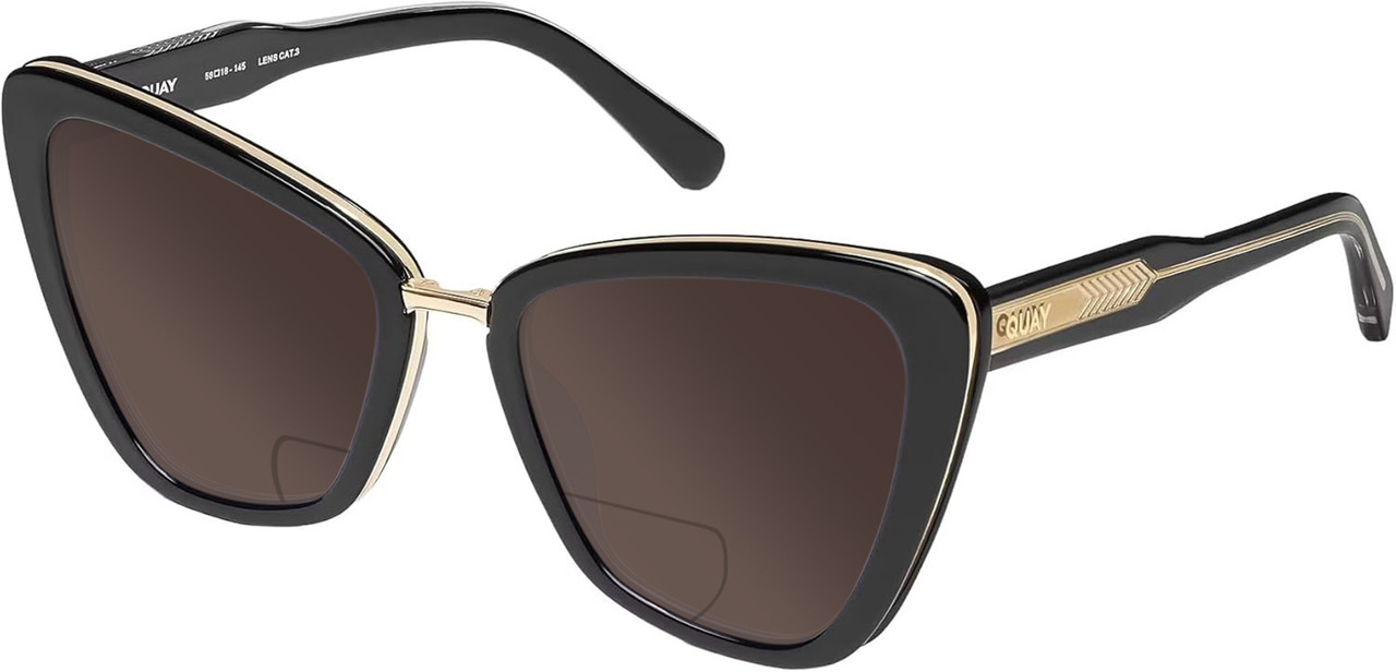 Profile View of QUAY Australia All Talk Designer Polarized Reading Sunglasses with Custom Cut Powered Amber Brown Lenses in Gloss Black Ladies Cat Eye Full Rim Acetate 58 mm