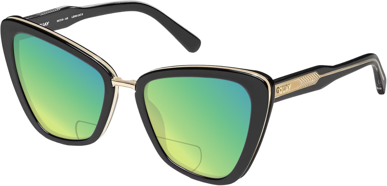 Profile View of QUAY Australia All Talk Designer Polarized Reading Sunglasses with Custom Cut Powered Green Mirror Lenses in Gloss Black Ladies Cat Eye Full Rim Acetate 58 mm