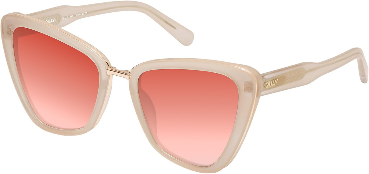 Profile View of QUAY Australia All Talk Designer Polarized Sunglasses with Custom Cut Red Mirror Lenses in Bone White Ladies Cat Eye Full Rim Acetate 58 mm