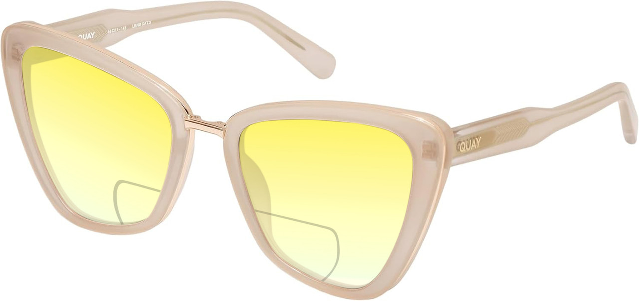 Profile View of QUAY Australia All Talk Designer Polarized Reading Sunglasses with Custom Cut Powered Sun Flower Yellow Lenses in Bone White Ladies Cat Eye Full Rim Acetate 58 mm