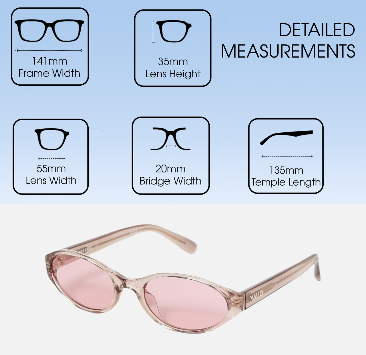 Dimensions and Measurements Illustration of QUAY Australia Aura Points Oval Polarized Sunglasses in Brown Doe 55mm 10 OPTIONS
