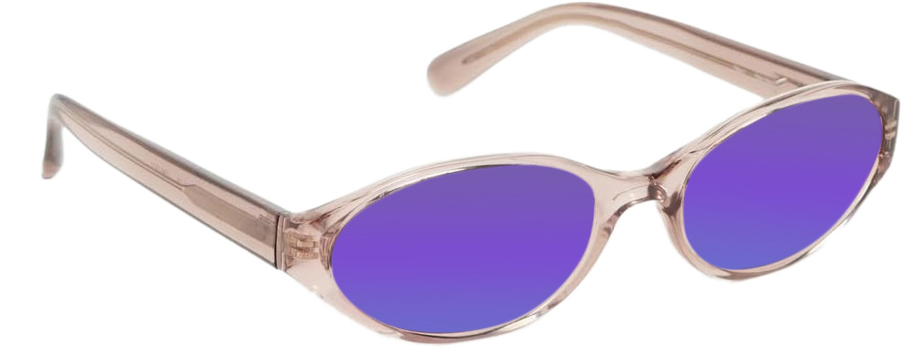 Profile View of QUAY Australia Aura Points Oval Polarized Sunglasses in Brown Doe 55mm 10 OPTIONS with Custom Cut Polarized Purple Mirror Lenses