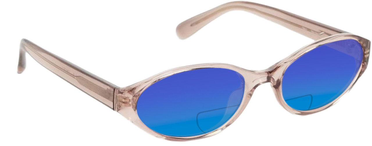 Profile View of QUAY Australia Aura Points Designer Polarized Reading Sunglasses with Custom Cut Powered Blue Mirror Lenses in Brown Doe Unisex Oval Full Rim Acetate 55 mm