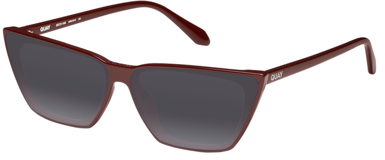 Profile View of QUAY Australia Bad Habit Designer Polarized Sunglasses with Custom Cut Smoke Grey Lenses in Oxblood Red Ladies Cat Eye Full Rim Acetate 65 mm