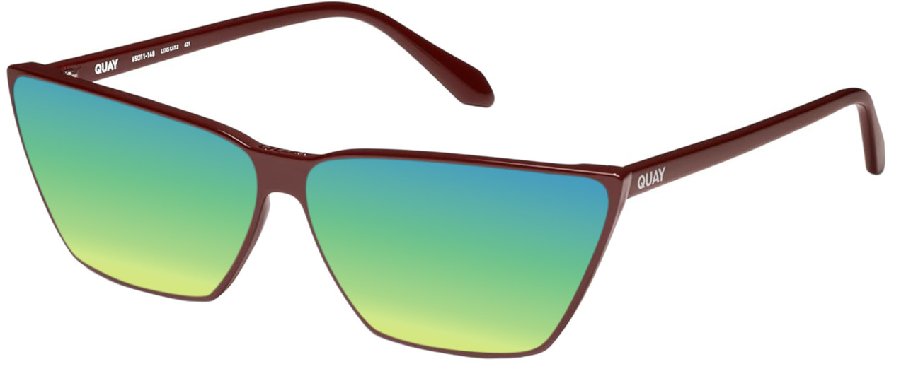 Profile View of QUAY Bad Habit Women CatEye Polarized Sunglasses Oxblood Red 65mm 4 LENS OPTIONS with Custom Cut Polarized Green Mirror Lenses