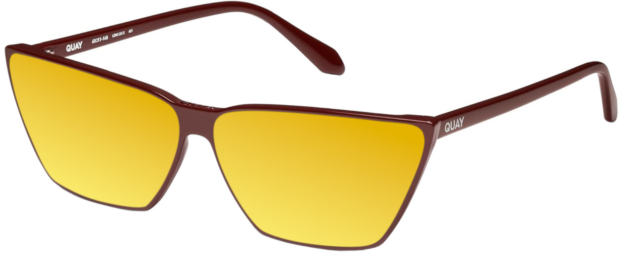 Profile View of QUAY Bad Habit Women CatEye Polarized Sunglasses Oxblood Red 65mm 4 LENS OPTIONS with Custom Cut Polarized Gold Mirror Lenses