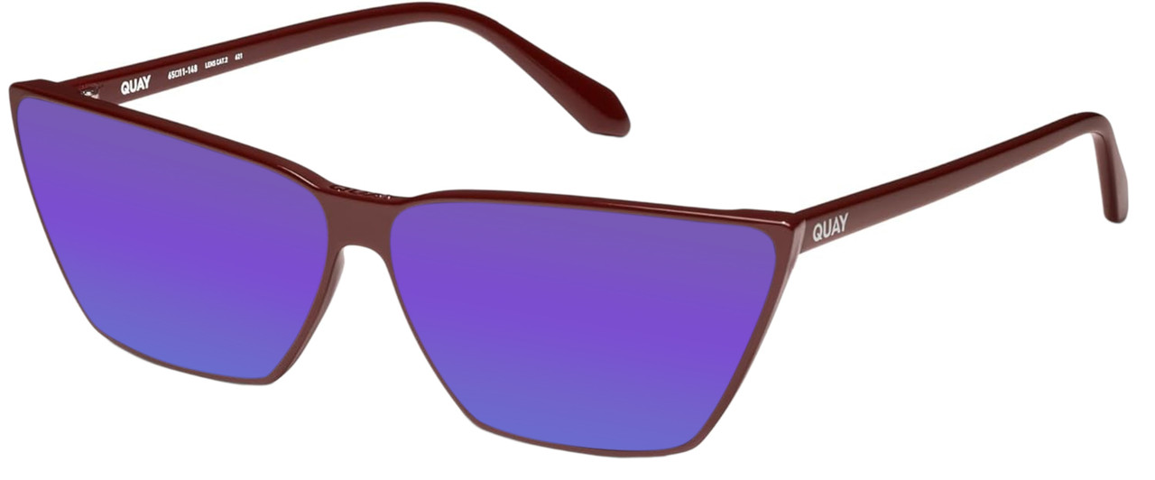 Profile View of QUAY Bad Habit Women CatEye Polarized Sunglasses Oxblood Red 65mm 4 LENS OPTIONS with Custom Cut Polarized Purple Mirror Lenses
