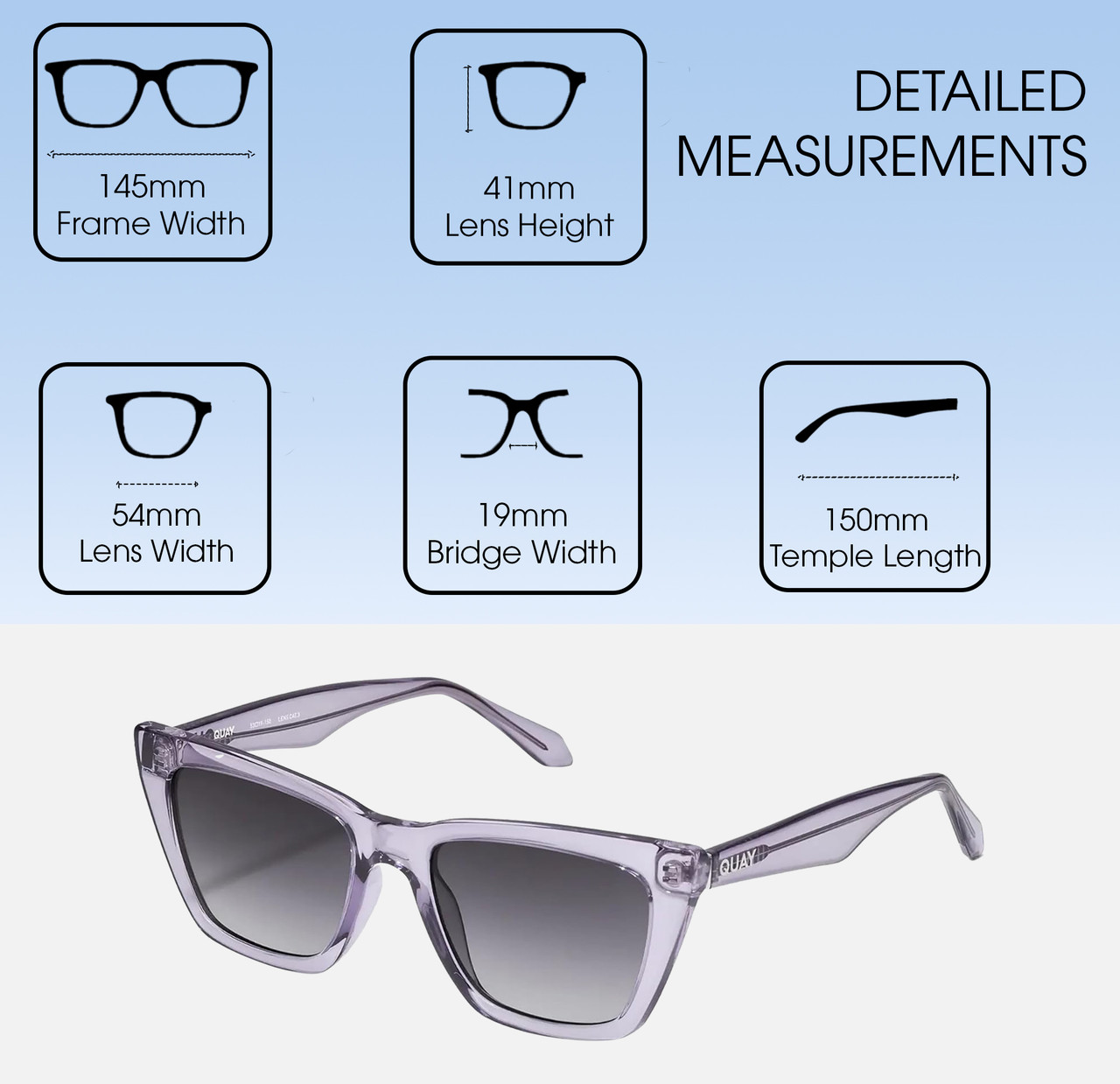 Dimensions and Measurements Illustration of QUAY Call The Shots Women's Cat Eye Polarized Sunglasses in Sweet Pea Lilac 54mm
