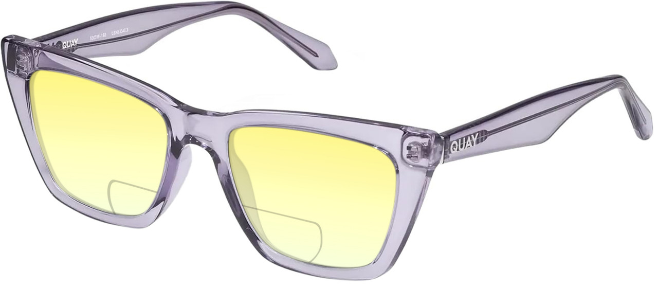 Profile View of QUAY Australia Call The Shots Designer Polarized Reading Sunglasses with Custom Cut Powered Sun Flower Yellow Lenses in Sweet Pea Lilac Ladies Cat Eye Full Rim Acetate 54 mm