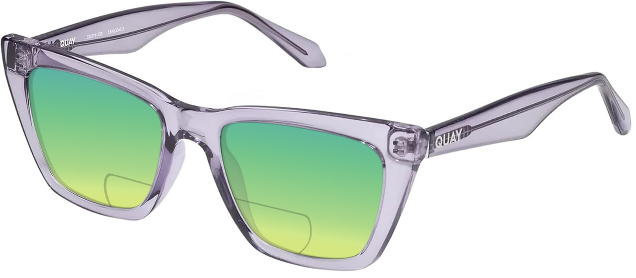 Profile View of QUAY Australia Call The Shots Designer Polarized Reading Sunglasses with Custom Cut Powered Green Mirror Lenses in Sweet Pea Lilac Ladies Cat Eye Full Rim Acetate 54 mm