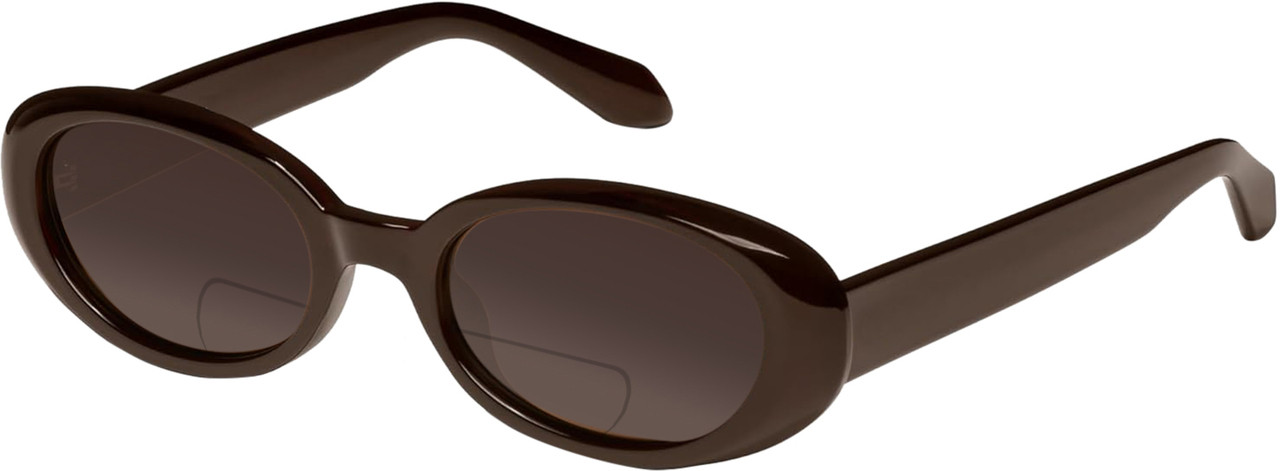 Profile View of QUAY Australia Felt Cute Designer Polarized Reading Sunglasses with Custom Cut Powered Amber Brown Lenses in Chocolate Brown Ladies Round Full Rim Acetate 52 mm