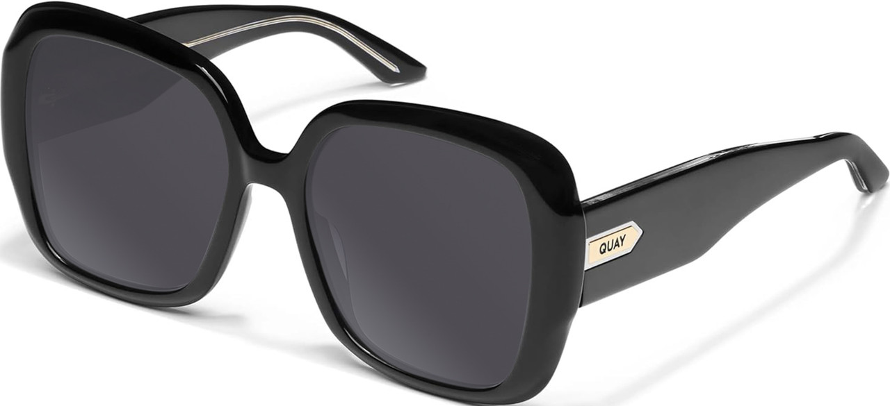 Profile View of QUAY Australia Full Glam Designer Polarized Sunglasses with Custom Cut Smoke Grey Lenses in Gloss Black Ladies Square Full Rim Acetate 56 mm
