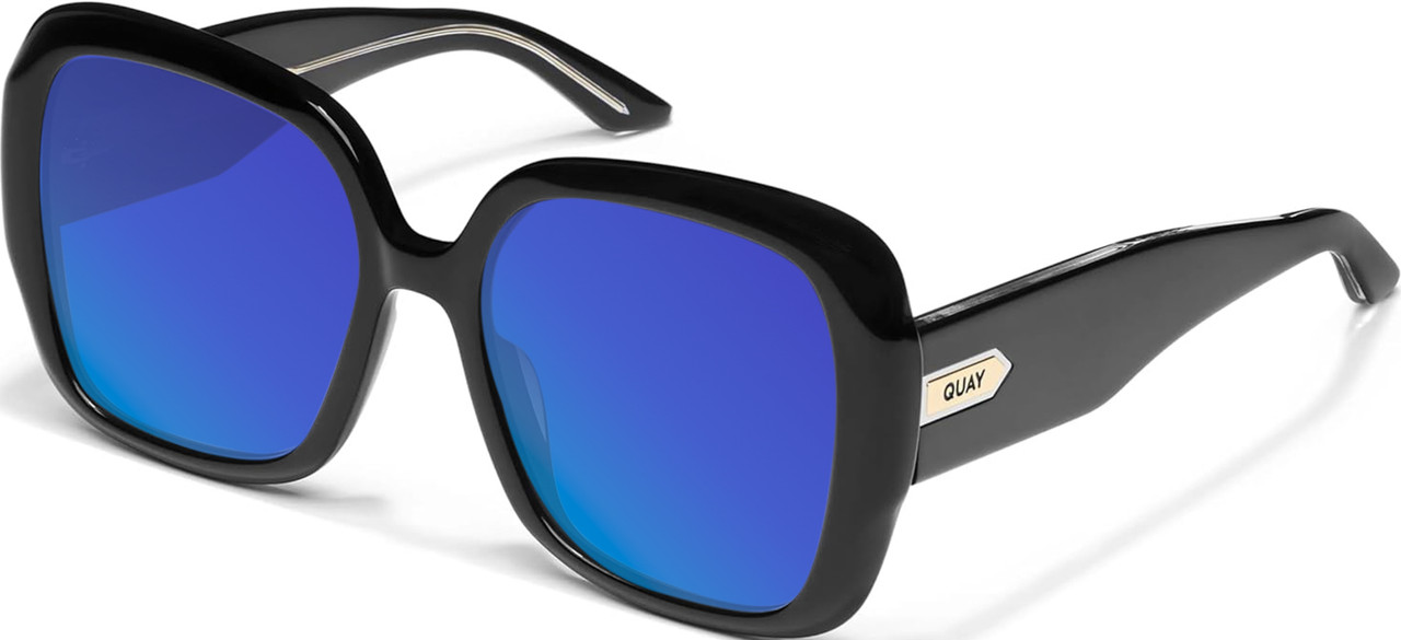 Profile View of QUAY Australia Full Glam Designer Polarized Sunglasses with Custom Cut Blue Mirror Lenses in Gloss Black Ladies Square Full Rim Acetate 56 mm