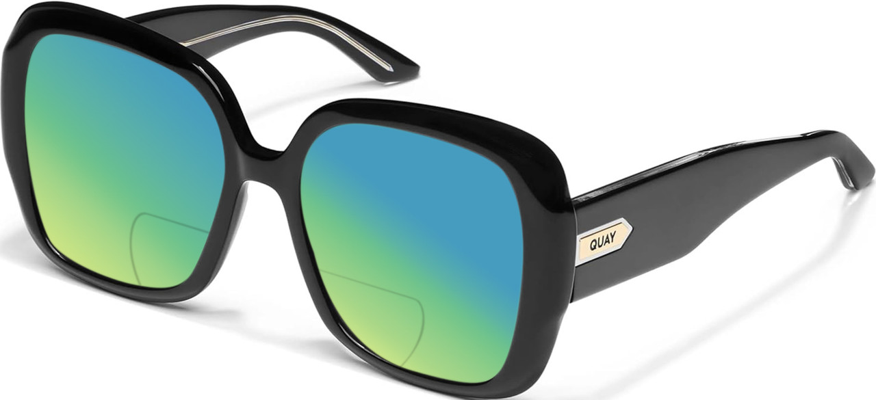Profile View of QUAY Full Glam Women Square Polarized Sunglasses Gloss Black 56mm 4 LENS OPTIONS with Custom Cut Polarized Green Mirror Lenses