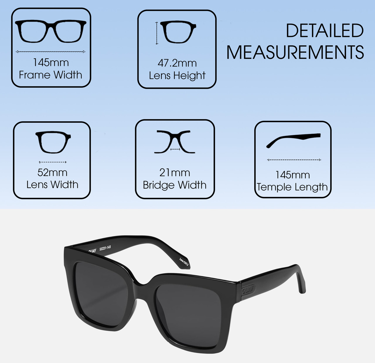 Dimensions and Measurements Illustration of QUAY Icy Women's Square Polarized Sunglasses Gloss Black 52 mm CHOOSE LENS COLOR