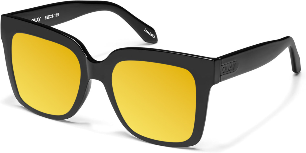 Profile View of QUAY Icy Women's Square Polarized Sunglasses Gloss Black 52 mm CHOOSE LENS COLOR with Custom Cut Polarized Gold Mirror Lenses
