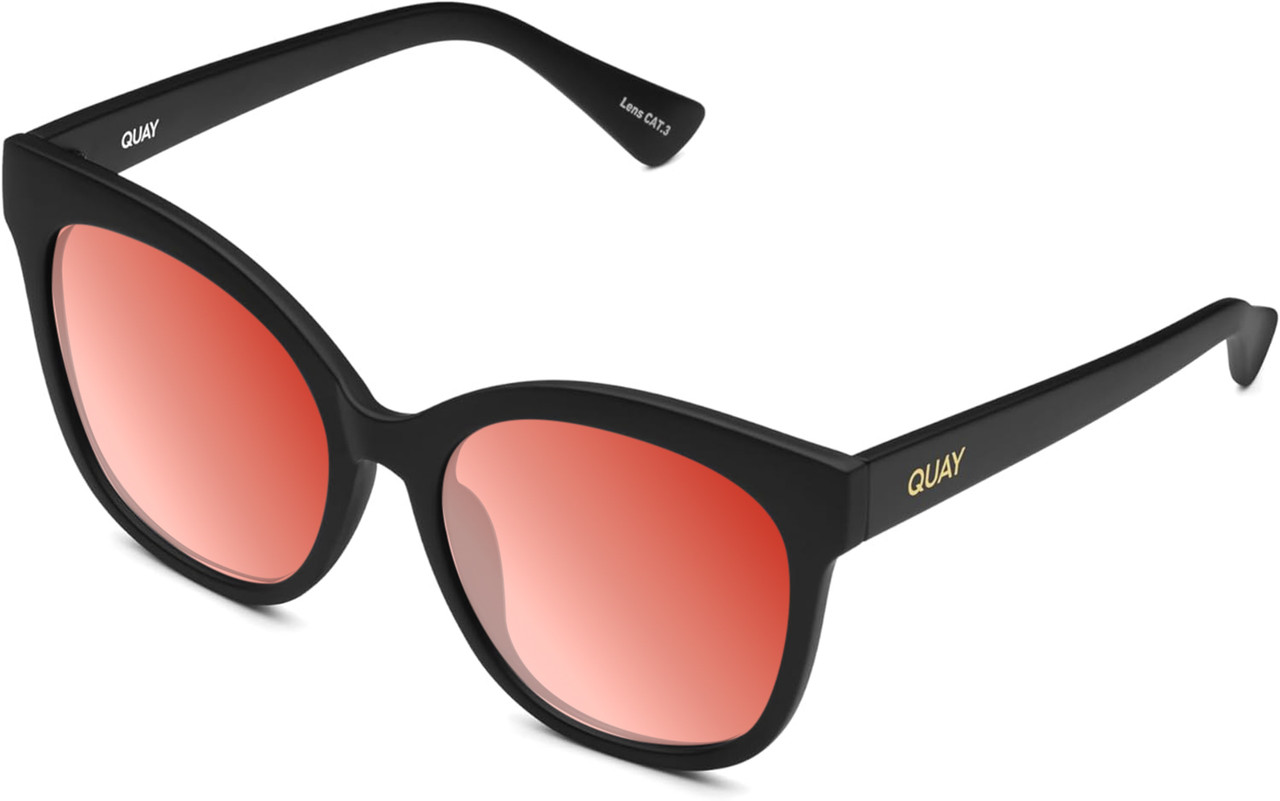 Profile View of QUAY Australia It's My Way Designer Polarized Sunglasses with Custom Cut Red Mirror Lenses in Matte Black Ladies Cat Eye Full Rim Acetate 59 mm
