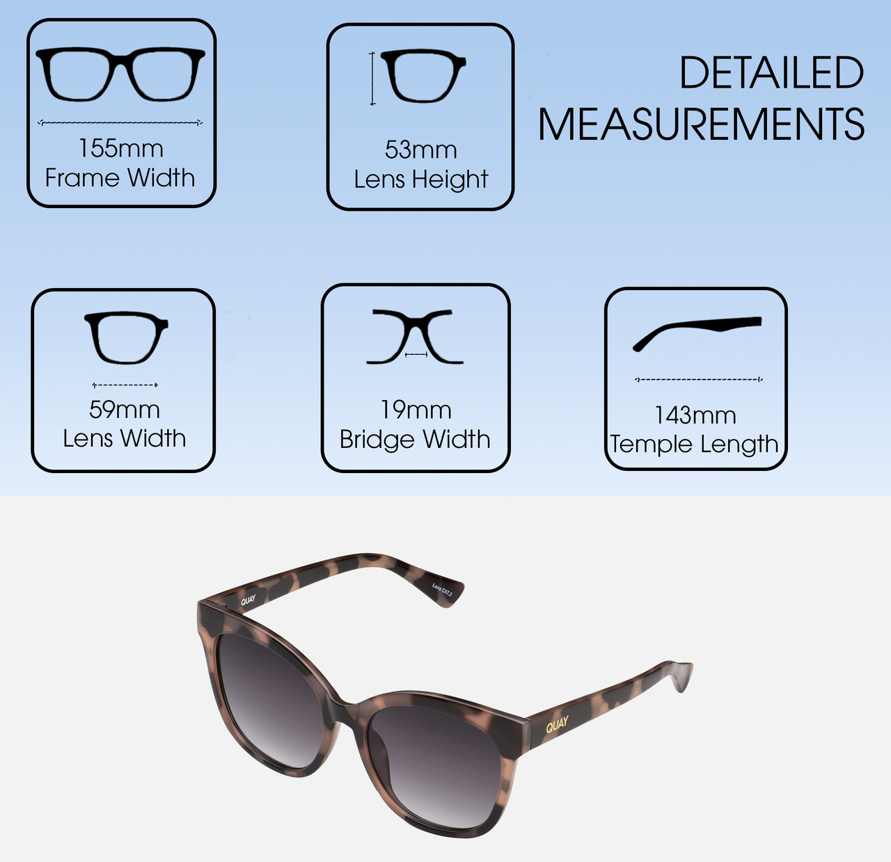Dimensions and Measurements Illustration of QUAY It's My Way Women Cat Eye Polarized Sunglasses Black Tortoise 59mm 10 OPTIONS