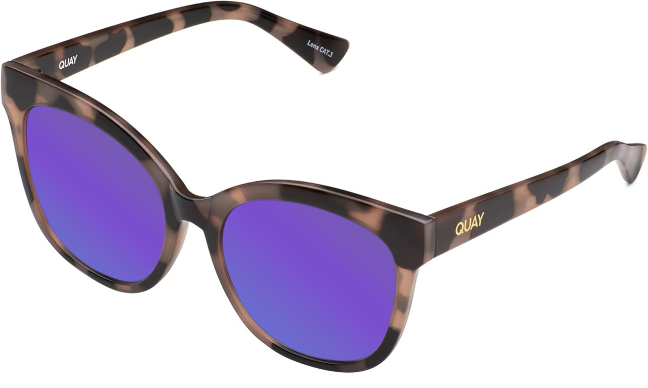 Profile View of QUAY It's My Way Women Cat Eye Polarized Sunglasses Black Tortoise 59mm 10 OPTIONS with Custom Cut Polarized Purple Mirror Lenses