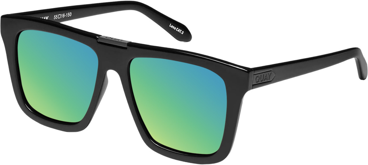 Profile View of QUAY Name Drop Unisex Square Polarized Sunglasses Gloss Black 55mm 4 LENS OPTIONS with Custom Cut Polarized Green Mirror Lenses