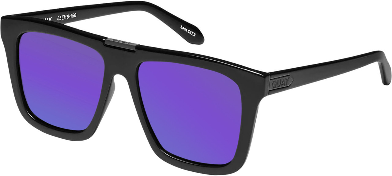 Profile View of QUAY Name Drop Unisex Square Polarized Sunglasses Gloss Black 55mm 4 LENS OPTIONS with Custom Cut Polarized Purple Mirror Lenses