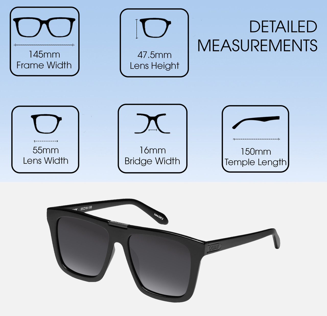 Dimensions and Measurements Illustration of QUAY Name Drop Unisex Square Polarized BI-FOCAL Sunglasses in Gloss Black 55 mm