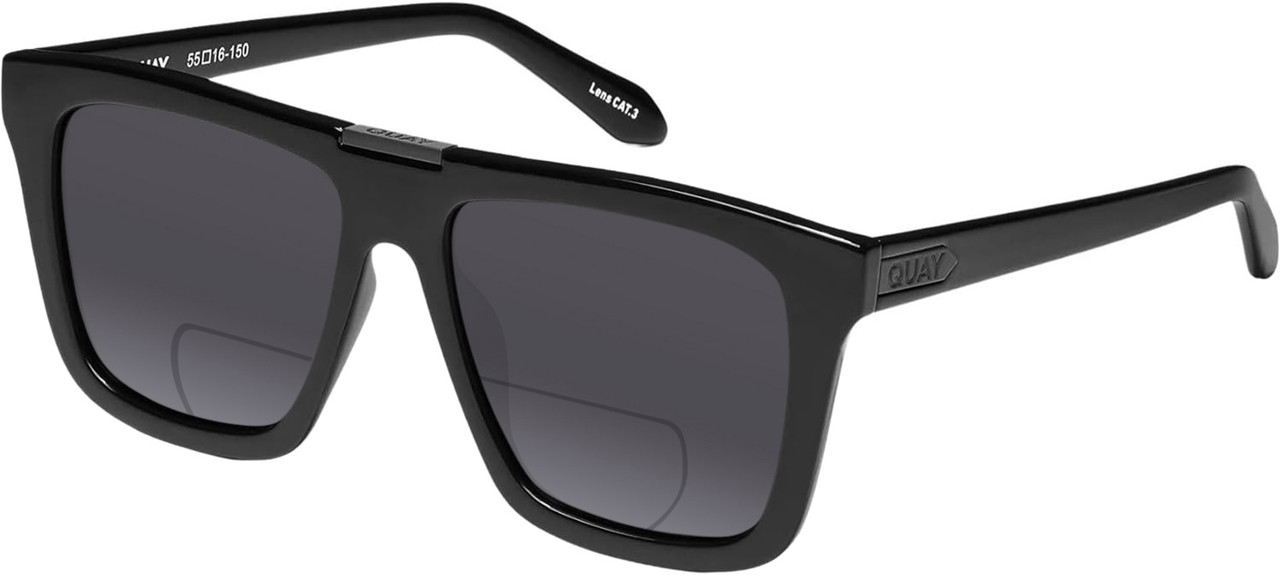 Profile View of QUAY Australia Name Drop Designer Polarized Reading Sunglasses with Custom Cut Powered Smoke Grey Lenses in Gloss Black Unisex Square Full Rim Acetate 55 mm
