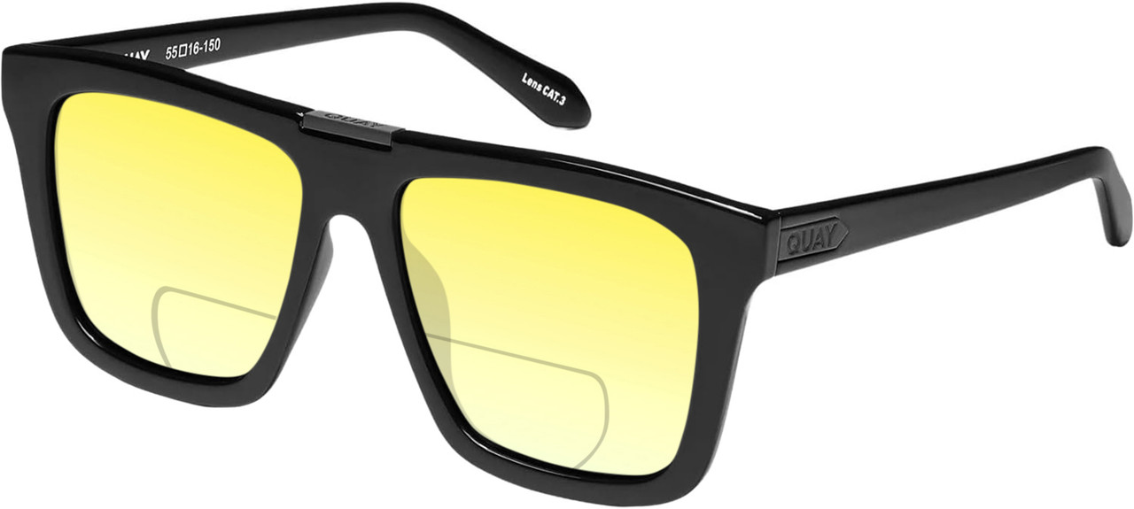 Profile View of QUAY Australia Name Drop Designer Polarized Reading Sunglasses with Custom Cut Powered Sun Flower Yellow Lenses in Gloss Black Unisex Square Full Rim Acetate 55 mm
