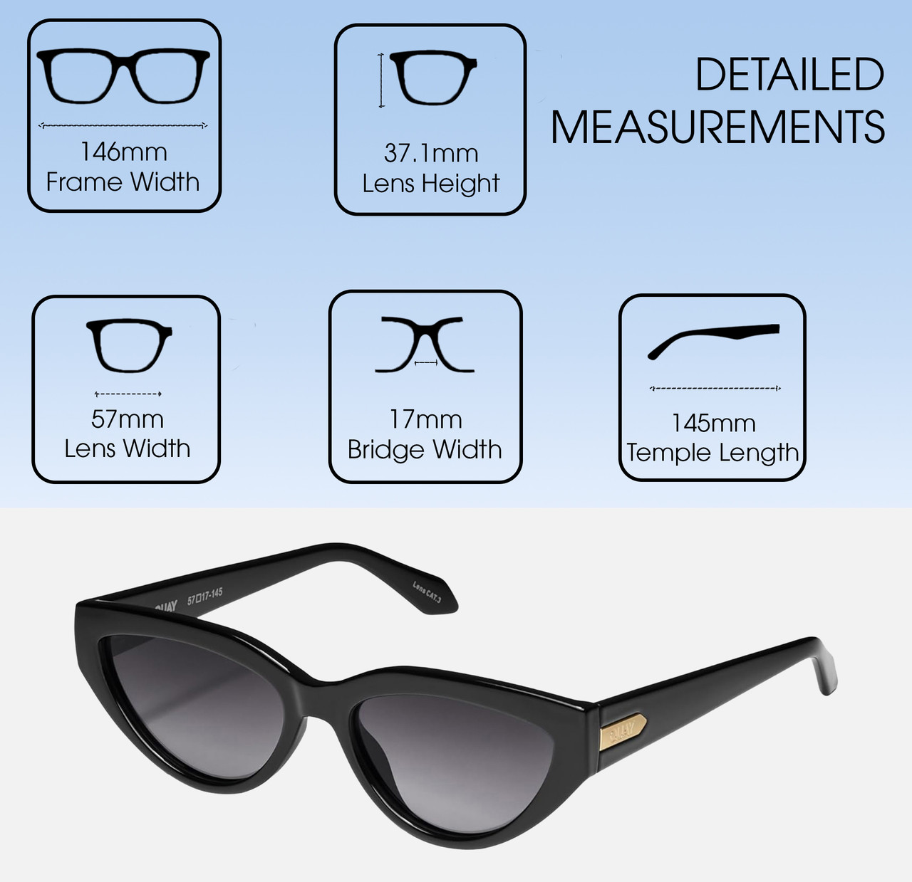 Dimensions and Measurements Illustration of QUAY Australia Narrow Down Women's Cat Eye Sunglasses in Gloss Black/Black 57 mm