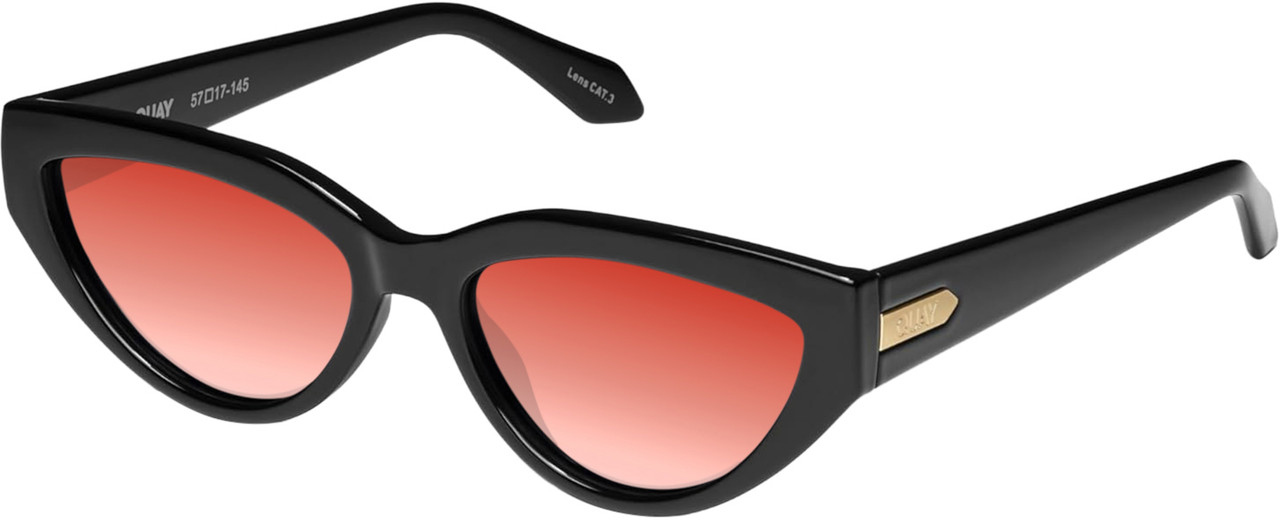 Profile View of QUAY Australia Narrow Down Designer Polarized Sunglasses with Custom Cut Red Mirror Lenses in Gloss Black Ladies Cat Eye Full Rim Acetate 57 mm