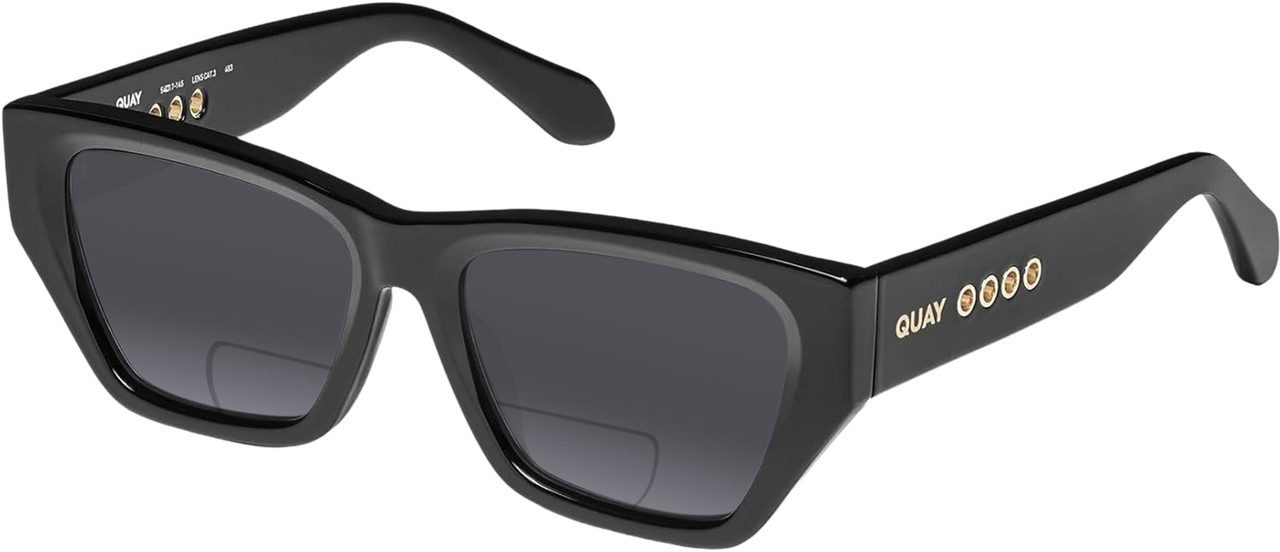Profile View of QUAY Australia No Apologies Designer Polarized Reading Sunglasses with Custom Cut Powered Smoke Grey Lenses in Gloss Black Unisex Square Full Rim Acetate 55 mm