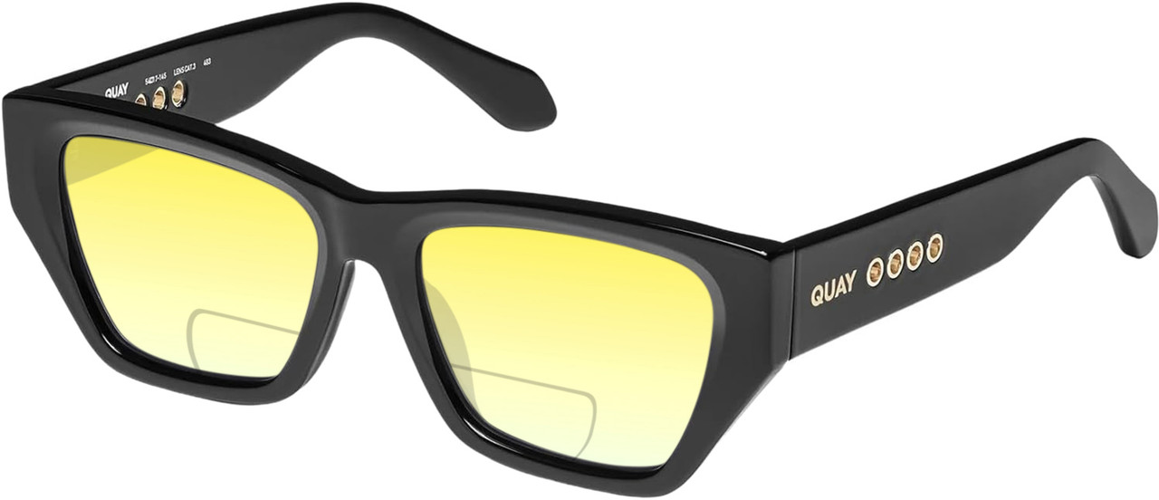 Profile View of QUAY Australia No Apologies Designer Polarized Reading Sunglasses with Custom Cut Powered Sun Flower Yellow Lenses in Gloss Black Unisex Square Full Rim Acetate 55 mm